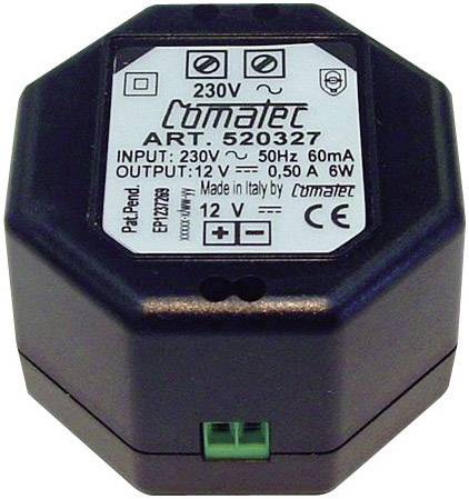 Bloc d'alimentation noir, forme hexagonale, étiqueté avec : '230V', 'Sortie : 12V, 0,50A, 6W', 'Fabriqué en Italie', 'Comatec'.