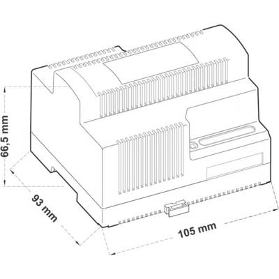 Dessin technique d'un appareil rectangulaire avec les dimensions suivantes : longueur 105 mm, largeur 93 mm, hauteur 66,5 mm, avec un logement latéral.