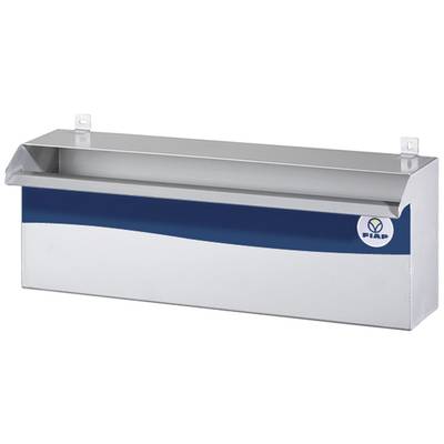 Un conteneur métallique long et rectangulaire avec un couvercle et un logo sur le côté droit. Le conteneur est équipé de supports de fixation murale.
