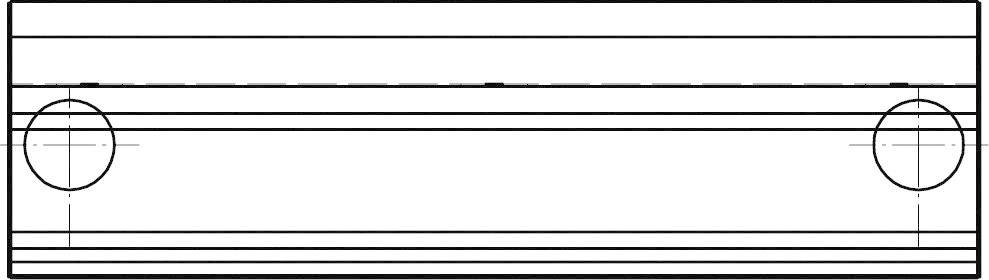Dessin technique d'une pièce rectangulaire avec deux grandes découpes circulaires sur les côtés et plusieurs lignes parallèles.