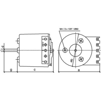 Dessin technique d'un moteur, présente une vue latérale avec les dimensions c, d et g ainsi qu'une vue de face avec les dimensions a et eb. Points de connexion marqués M4.
