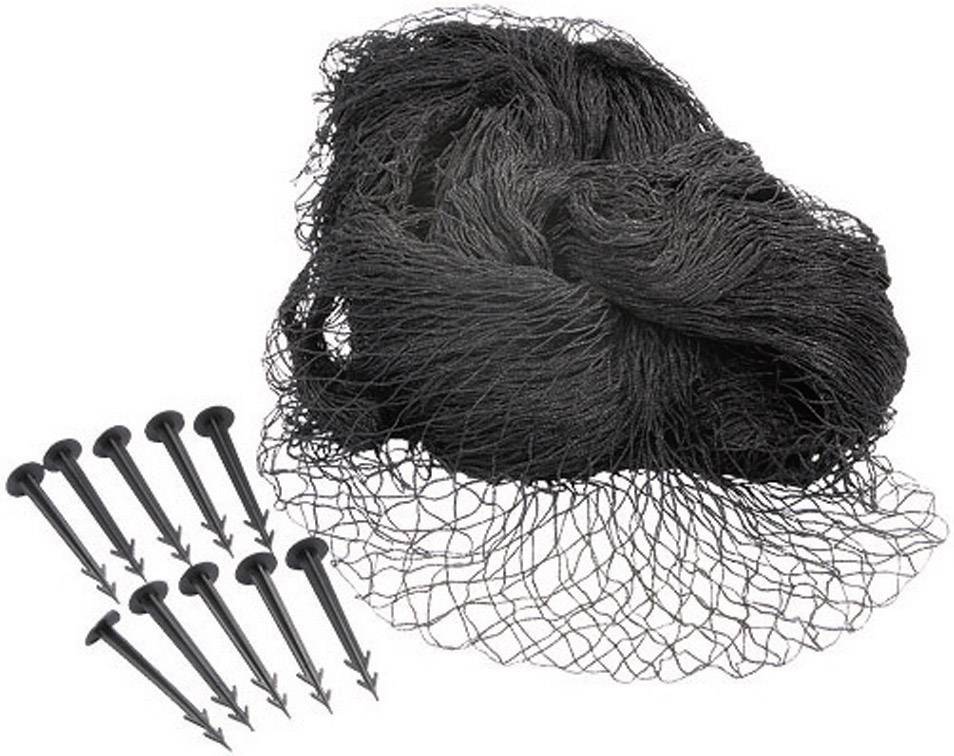 Un filet noir avec dix piquets de terre noirs qui peuvent être utilisés ensemble pour la fixation ou la couverture.