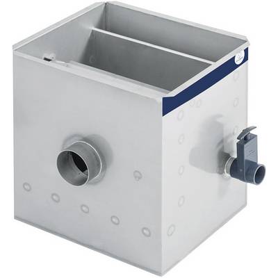 Un séparateur carré en métal avec deux raccordements de tubes, un plus grand sur le côté et un plus petit à l'avant. Adapté pour l'épuration des eaux usées.