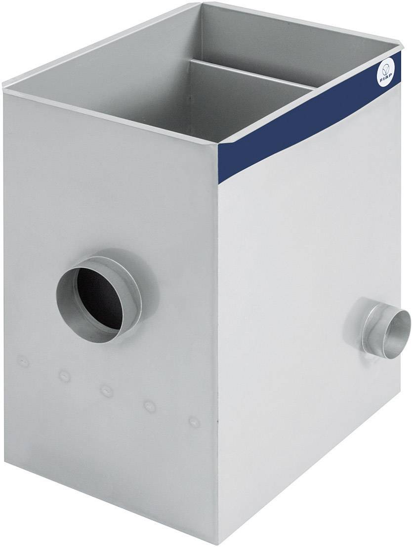 Récipient rectangulaire en plastique doté de deux raccords circulaires sur des côtés opposés, utilisé pour la ventilation ou le drainage.