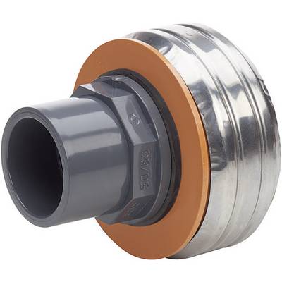 Raccord industriel en métal avec adaptateur en plastique orange et gris, adapté aux connexions de tuyauterie dans des applications techniques.