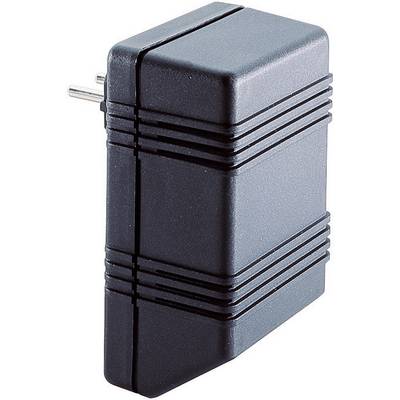 Adaptateur secteur noir avec fiche européenne. Adapté à l'alimentation de dispositifs électroniques. Forme rectangulaire avec rainures horizontales.