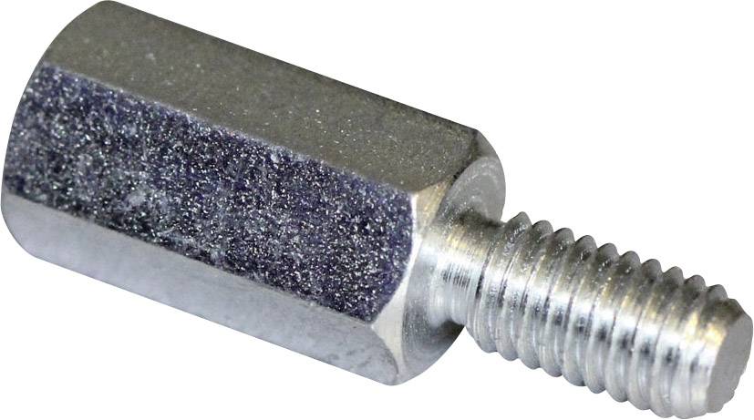 Un entretoise en métal argenté à corps hexagonal et boulon fileté.