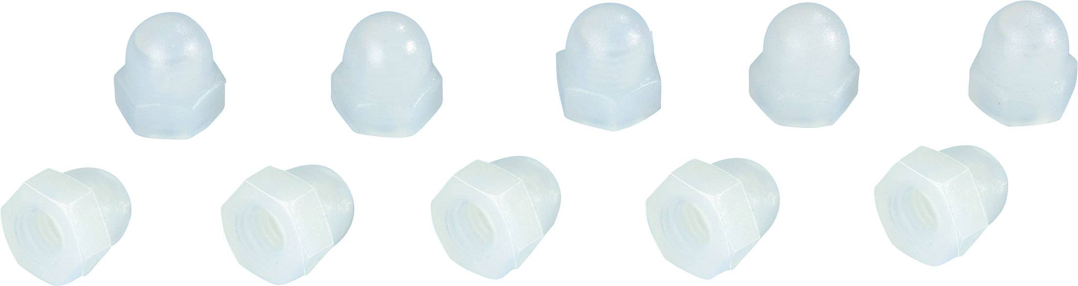 Dix capuchons de écrous hexagonaux en plastique transparent, disposés en deux rangées.
