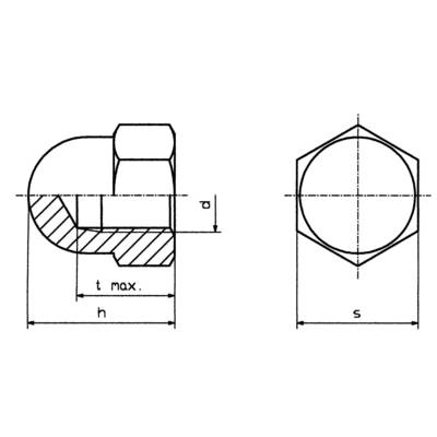Dessin technique d'un assemblage fileté : vue latérale avec dimensions 't max', 'h', et vue de dessus avec dimension 's'.