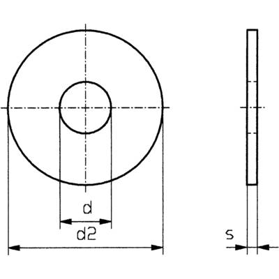 Dessin d'une rondelle avec dimensions : diamètre extérieur (d2), diamètre intérieur (d) et épaisseur (s) en vue latérale.