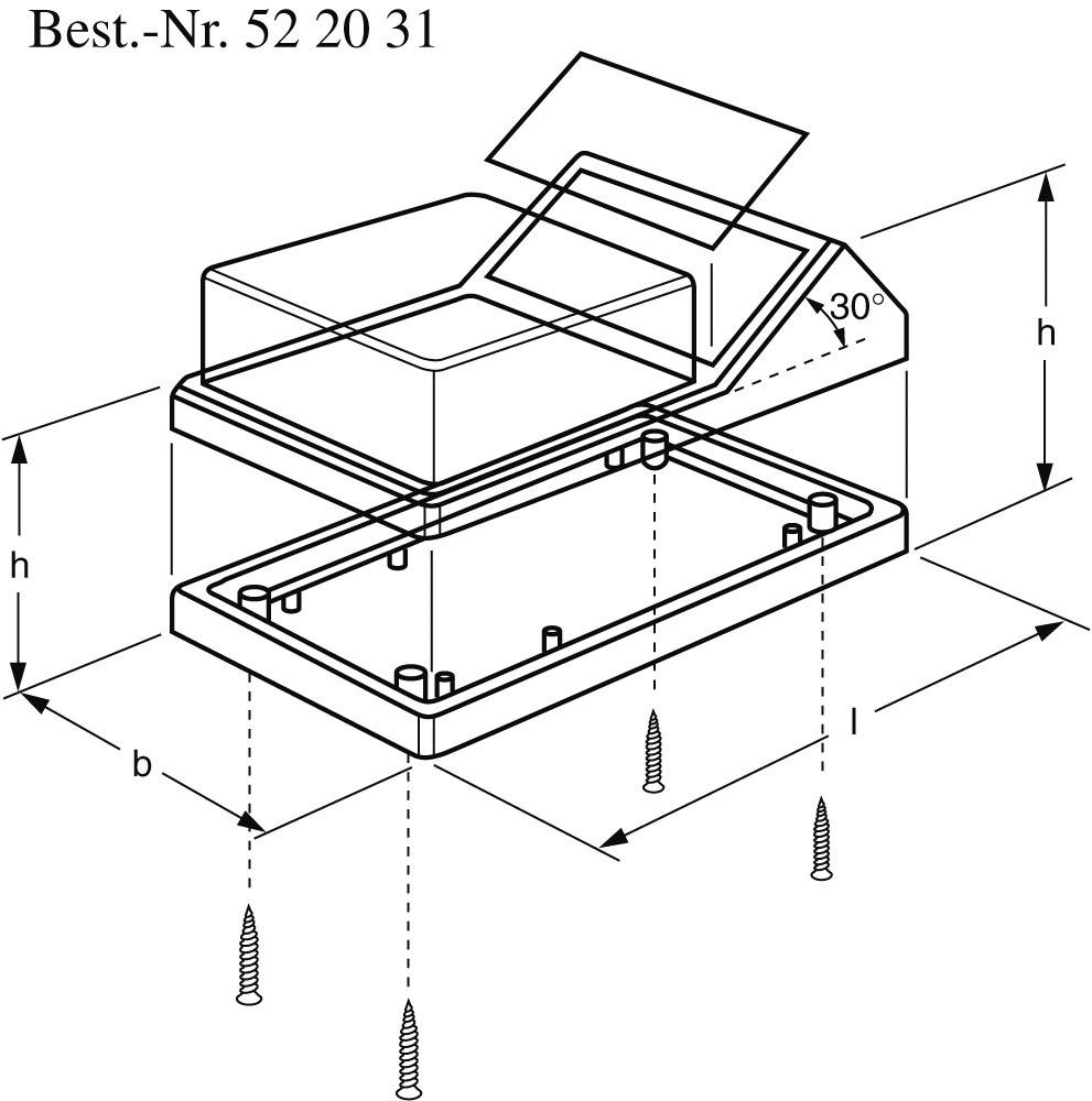 Vue éclatée d'un boîtier avec couvercle soulevé. Dimensions indiquées par des flèches. Quatre vis de montage.
