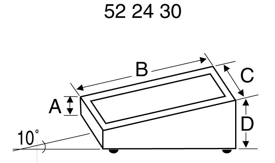 Figure d'un objet en forme de coin avec les dimensions 52, 24, 30. Des marquages indiquent des angles de 10 degrés et différentes longueurs A, B, C, D.