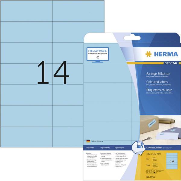 Herma 5060 Etiquette universelles 105 x 42.3 mm papier bleu 280 pc(s) fixation permanente  imprimante à jet d'encre, imprimante laser, imprimante laser couleur, photocopieuse, photocopieuse couleur, inscription à main