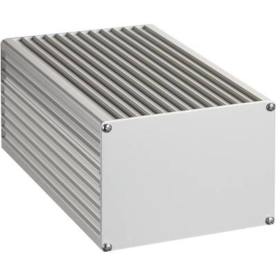 Boîtier métallique rectangulaire rainuré avec des vis aux coins, utilisé pour protéger des composants électroniques.