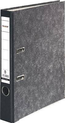 Un classeur noir avec deux anneaux métalliques et une étiquette blanche sur le côté. Adapté pour l'archivage de documents.