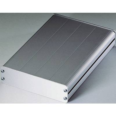 Boîtier métallique argenté à surface cannelée, de forme rectangulaire et muni de quatre vis aux angles, destiné au montage électronique.