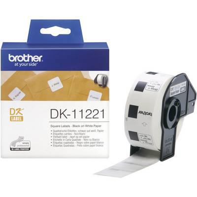 Une boîte de Brother DK-11221 avec des étiquettes carrées, noir sur papier blanc, et un rouleau d'étiquettes à côté de la boîte.