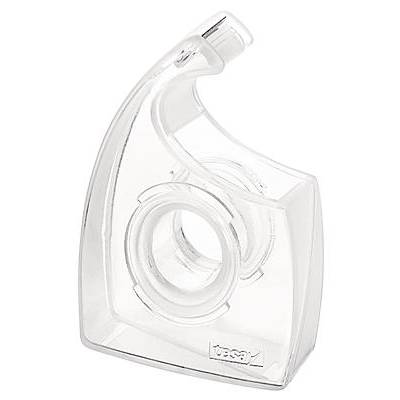 Dévidoir de ruban adhésif transparent en plastique, vide, vu de côté.