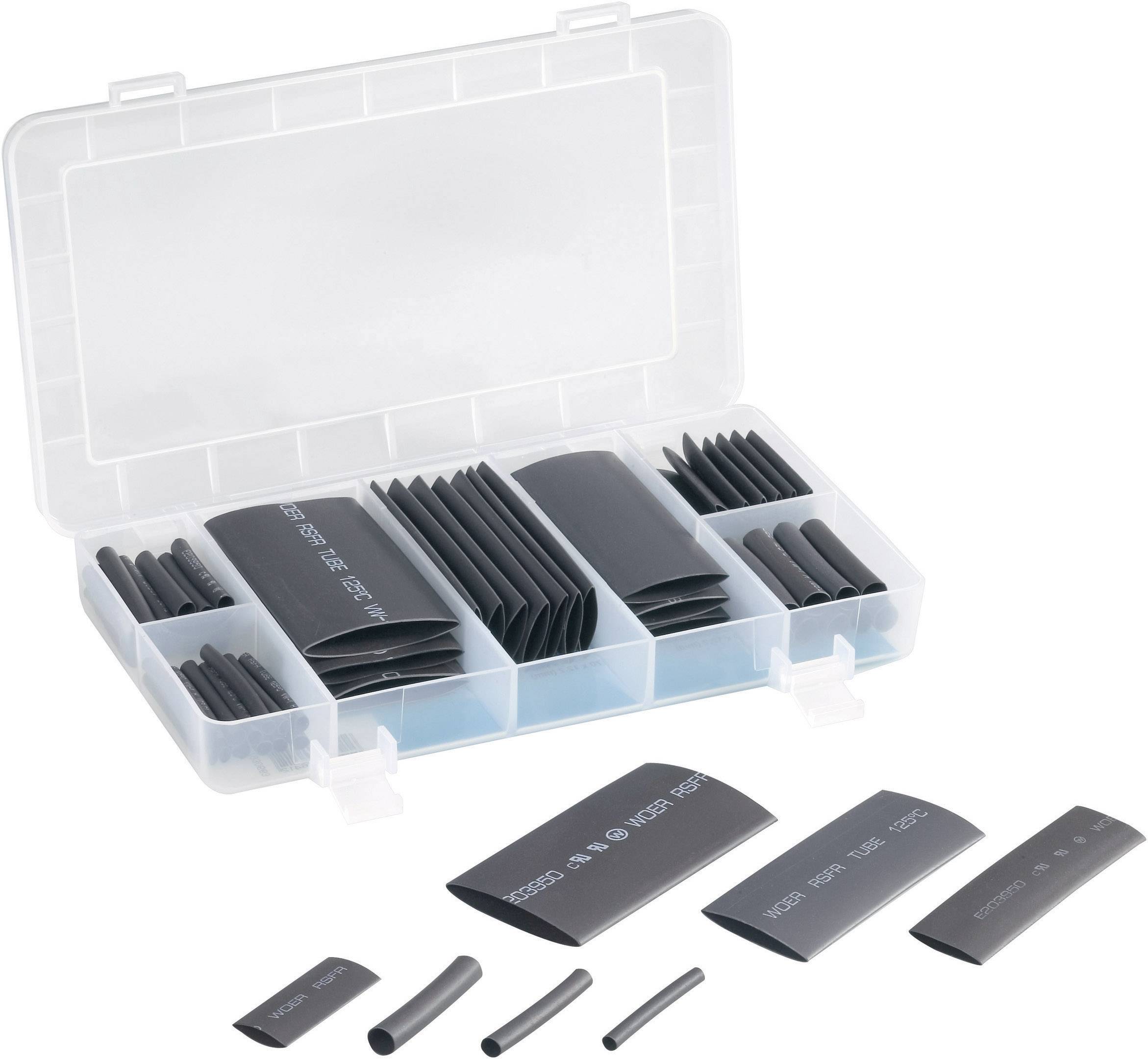 Boîte en plastique à compartiments, remplie de différentes tailles de gaines thermorétractables noires pour l'isolation électrique.