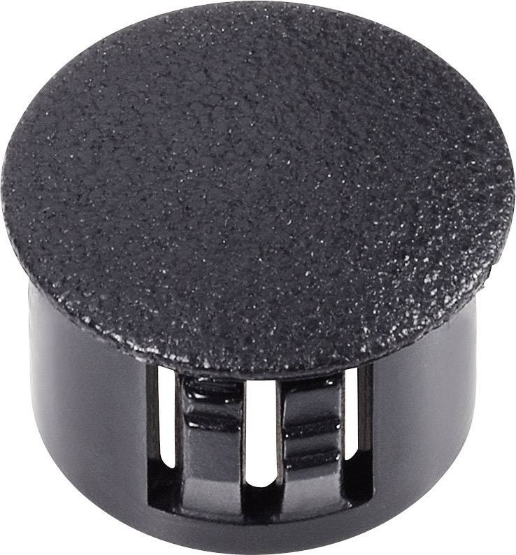 Bouchon en plastique noir à surface ronde, structurée et brillante, adapté pour obturer ou fixer un trou circulaire.