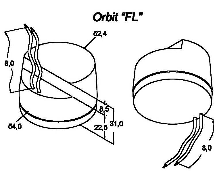 Deux représentations schématiques d'un objet rond avec des indications de dimensions. À gauche : avec des lignes diagonales, à droite : sans lignes. Texte dans l'image : 'Orbit "FL"'.