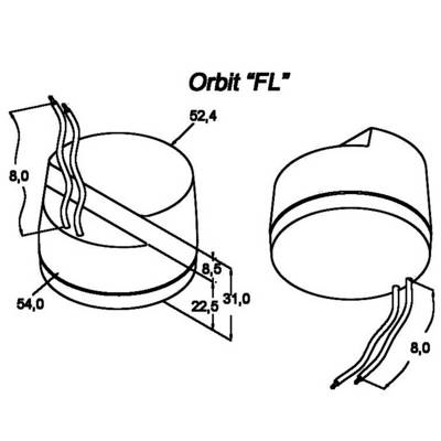 Deux représentations schématiques d'un objet rond avec des indications de dimensions. À gauche : avec des lignes diagonales, à droite : sans lignes. Texte dans l'image : 'Orbit "FL"'.