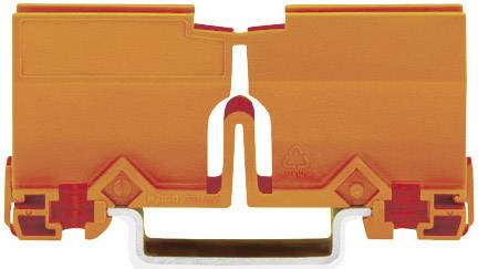 Un connecteur de câble en plastique orange, conçu de manière symétrique, avec une agrafe métallique à la base, utilisé pour les connexions électriques.