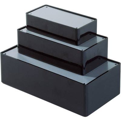 Trois conteneurs rectangulaires noirs empilables de différentes tailles, superposés les uns sur les autres, forment une pyramide.