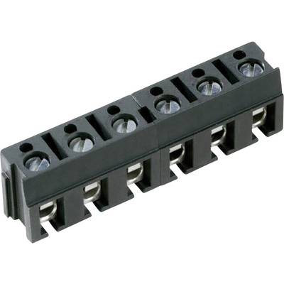 Un connecteur noir à cinq broches avec des bornes à vis pour la connexion électrique, adapté au montage sur circuit imprimé.