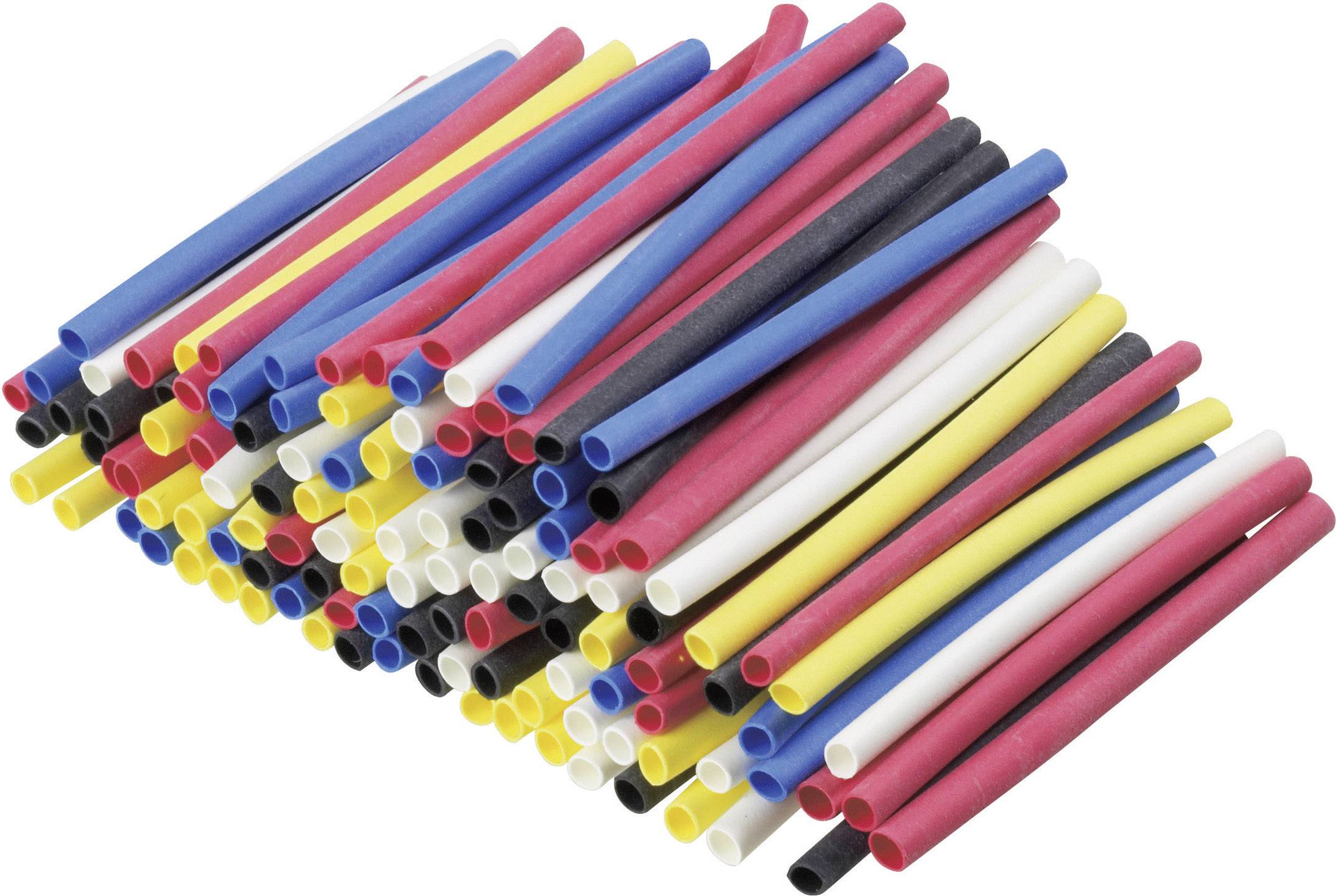 Une pile de gaines isolantes colorées dans différentes teintes, comprenant le rouge, le bleu, le jaune, le noir et le blanc, soigneusement alignées.