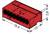 Barrette de connexion rouge à six trous, dimensions : largeur 18,4 mm, profondeur 10 mm, hauteur 5,8 mm. Le symbole de rotation indique la direction.