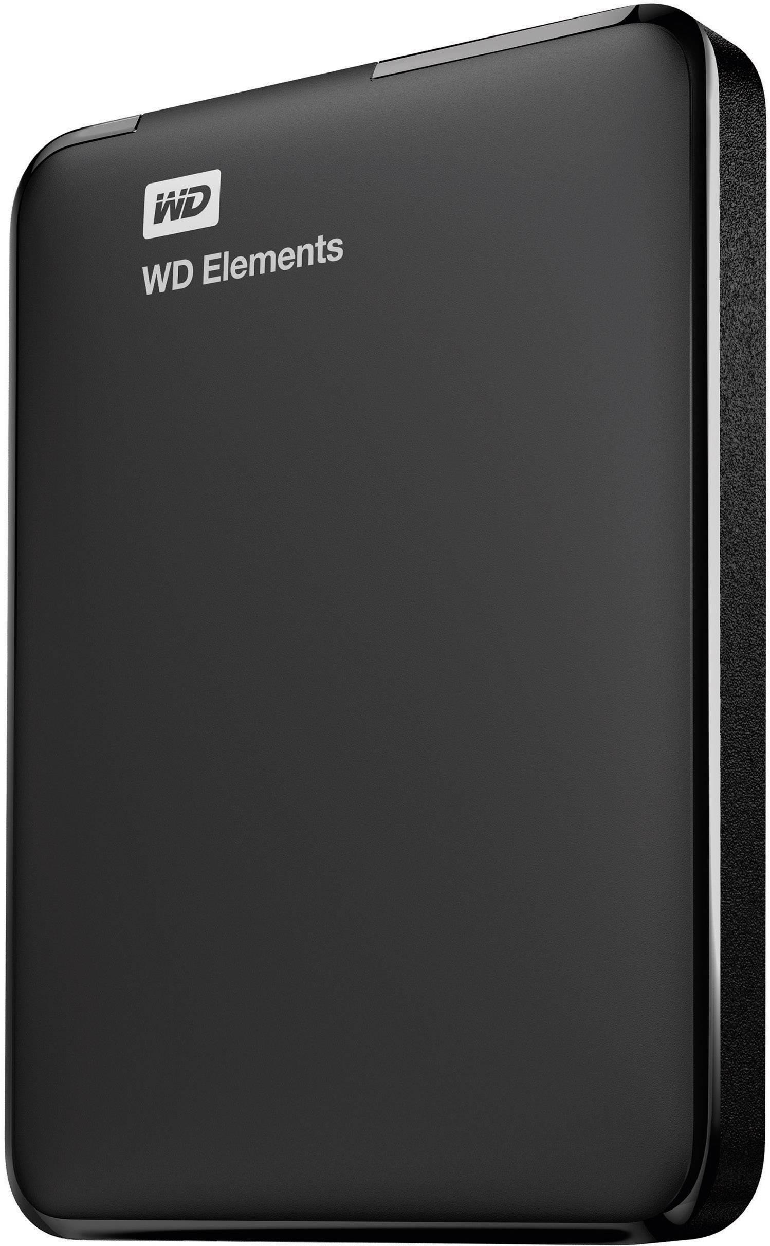 Disque dur externe avec boîtier noir sur lequel est inscrit 'WD Elements'.
