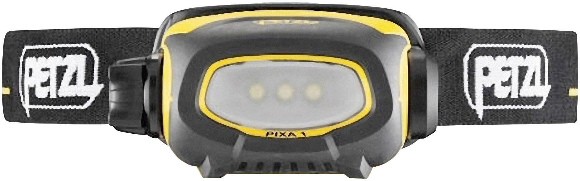 Lampe frontale avec bandeau noir et accents jaunes. Trois lampes LED à l'avant, logo de marque 'PETZL' visible sur le bandeau.