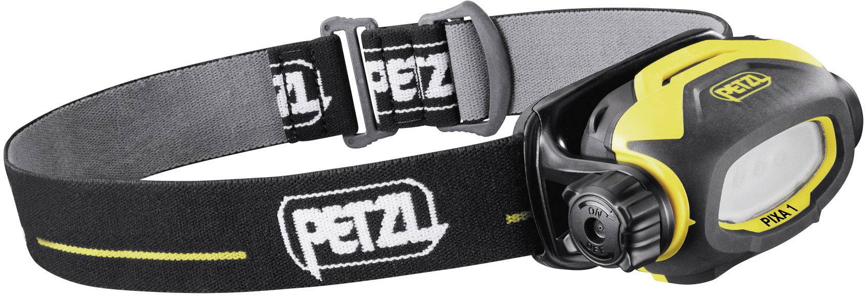 Lampe frontale jaune et noire avec bandeau élastique, nom de marque 'Petzl' visible, adaptée aux activités de plein air ou aux travaux dans l'obscurité.
