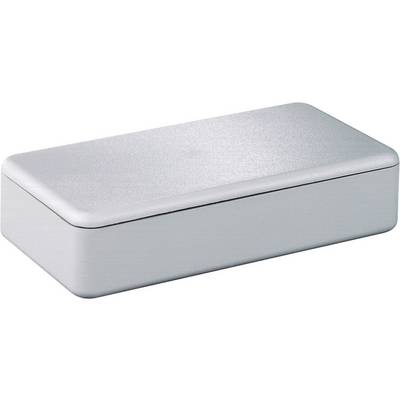 Boîte métallique argentée de forme rectangulaire, aux coins arrondis et à la surface lisse.