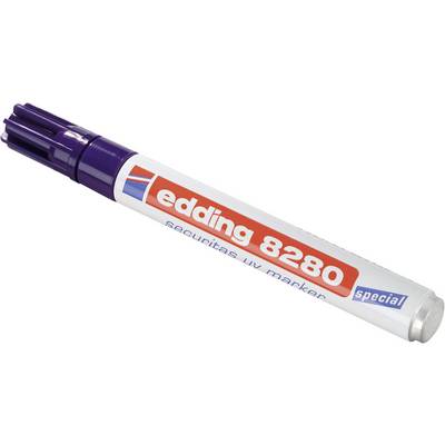 Un marqueur UV blanc Edding 8280 avec capuchon violet et inscription rouge.
