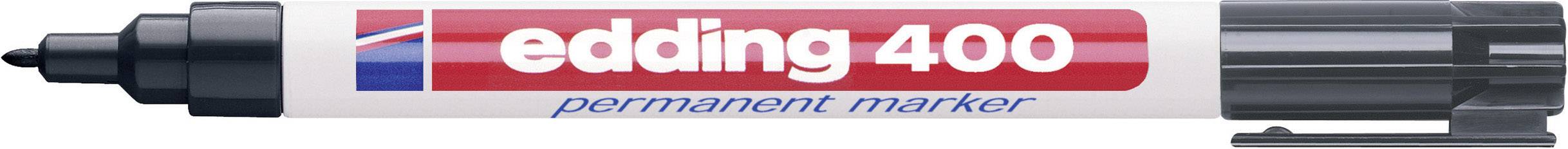 Marqueur permanent Edding 400 noir avec logo rouge et bleu, capuchon sur le côté droit.