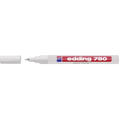 Marqueur permanent blanc Edding 780 avec inscription rouge sur le boîtier et capuchon gris.