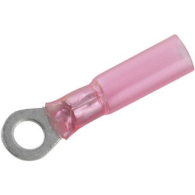 Un embout de câble isolé rose avec une cosse à anneau métallique rond pour le câblage électrique.