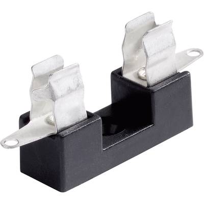 Porte-fusible noir avec deux contacts métalliques argentés, adapté pour l'insertion d'un fusible plat électrique, avec des trous de fixation latéraux.