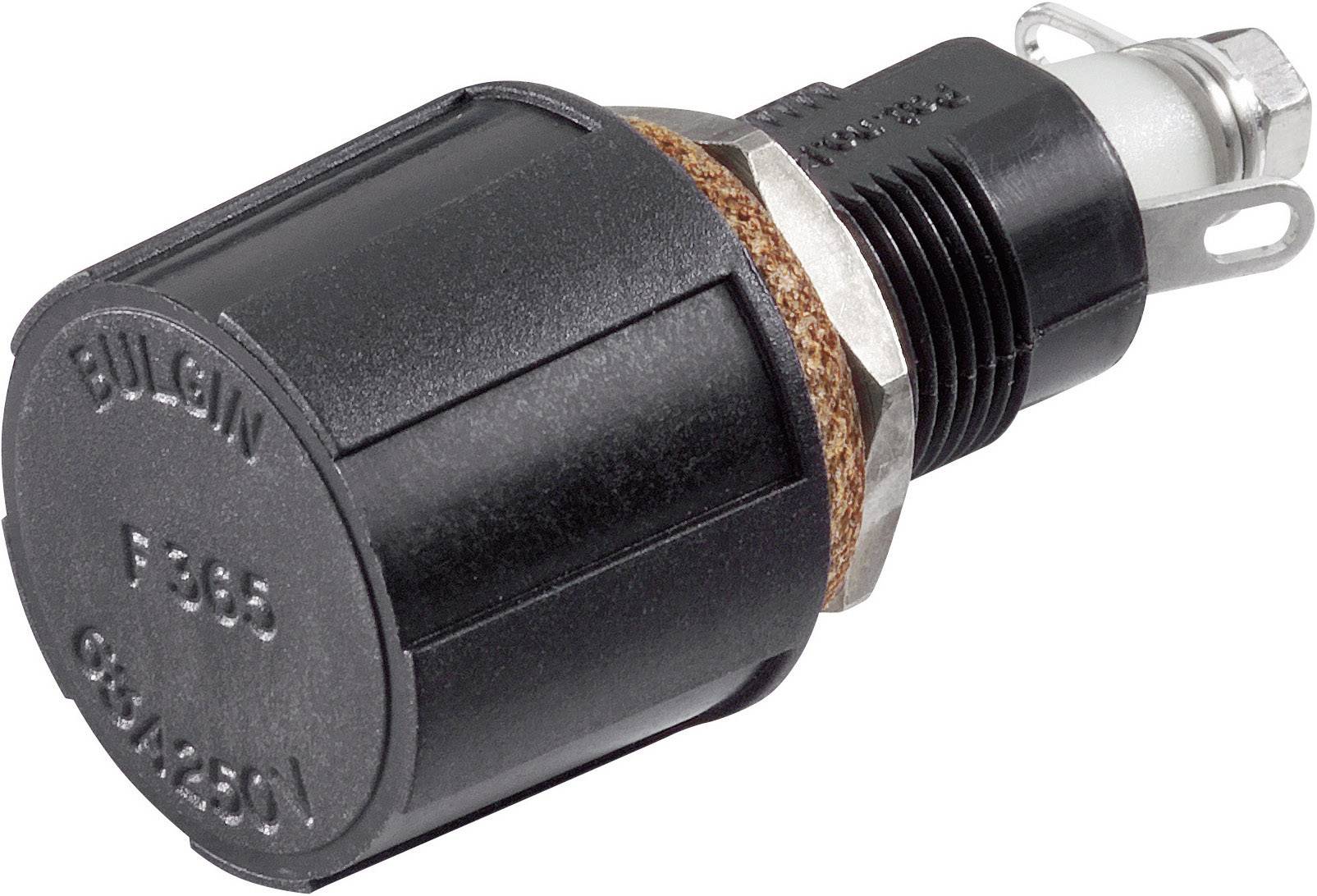 Un interrupteur électrique noir, rond et cylindrique avec un filetage métallique, portant l'inscription 'Bulgin F365 05A250V'.