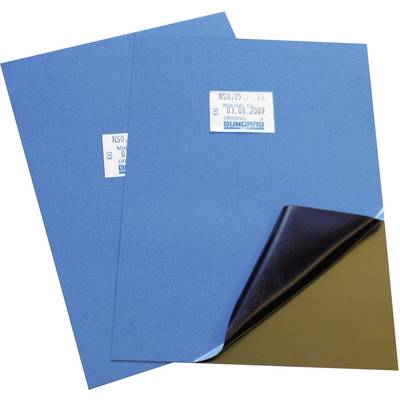 Deux feuilles bleues avec des étiquettes. Une feuille est partiellement enroulée pour montrer son côté arrière brillant et sombre.