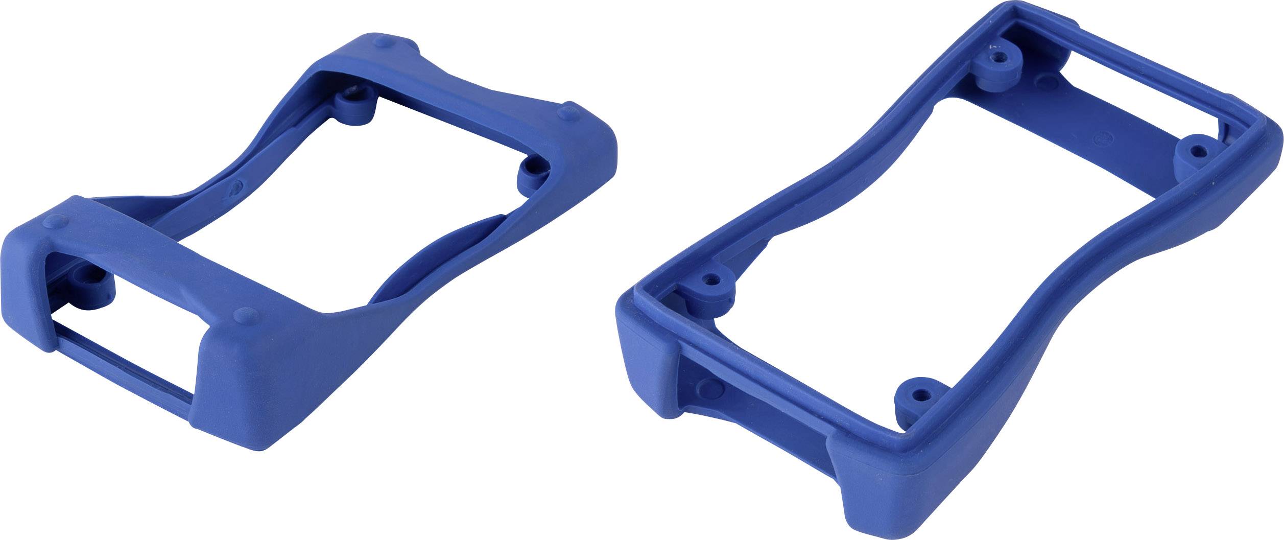 Deux formes en plastique bleu sur un fond blanc. Une forme avec une ouverture rectangulaire et l'autre avec une base fermée.