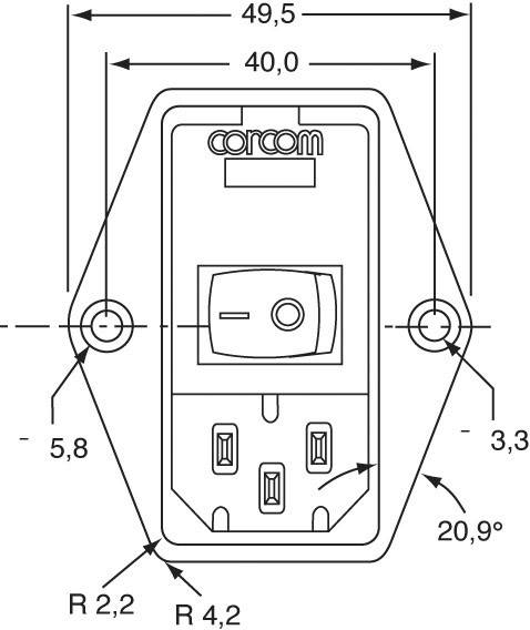 Dessin d'un interrupteur avec prise encastrée, dimensions : largeur 49,5 mm, hauteur 40 mm. Présente les trous de montage et le raccordement électrique.