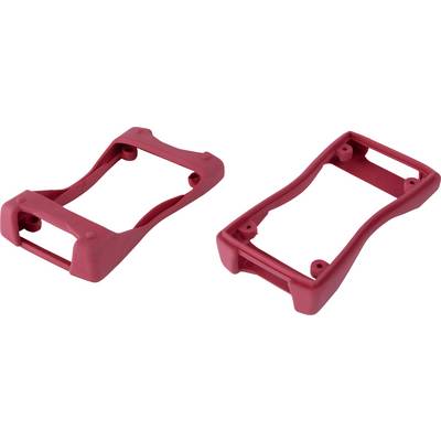 Deux supports en plastique rouge, placés côte à côte, présentent des angles différents. Ils sont conçus pour des appareils techniques.
