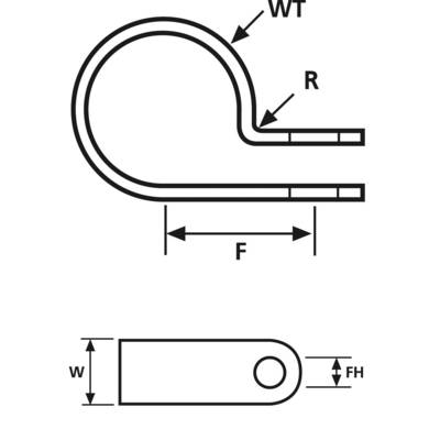 Diagramme d'un étrier de rail plat avec annotations : « WT » (épaisseur de paroi), « R » (rayon), « F » (longueur de la partie courbée), « W » (largeur), « FH » (diamètre du trou).