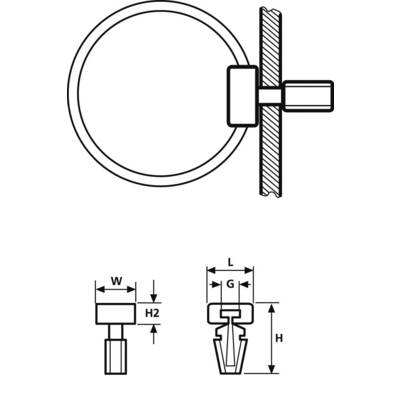 Dessin technique d'un collier de serrage avec une vue en coupe. Les dimensions sont marquées par les lettres L, G, W, H et H2.