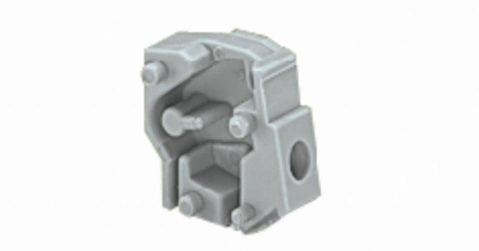 Élément de construction en plastique gris, probablement un élément de fixation, doté de plusieurs tiges et ouvertures. Utilisable pour des applications techniques.