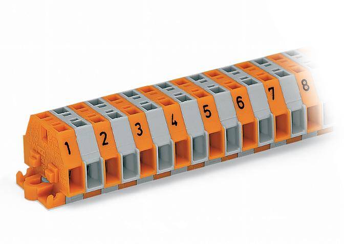 Barrette de bornes électrique avec des connexions numérotées de 1 à 8, de couleur orange et grise, pour un câblage ordonné.