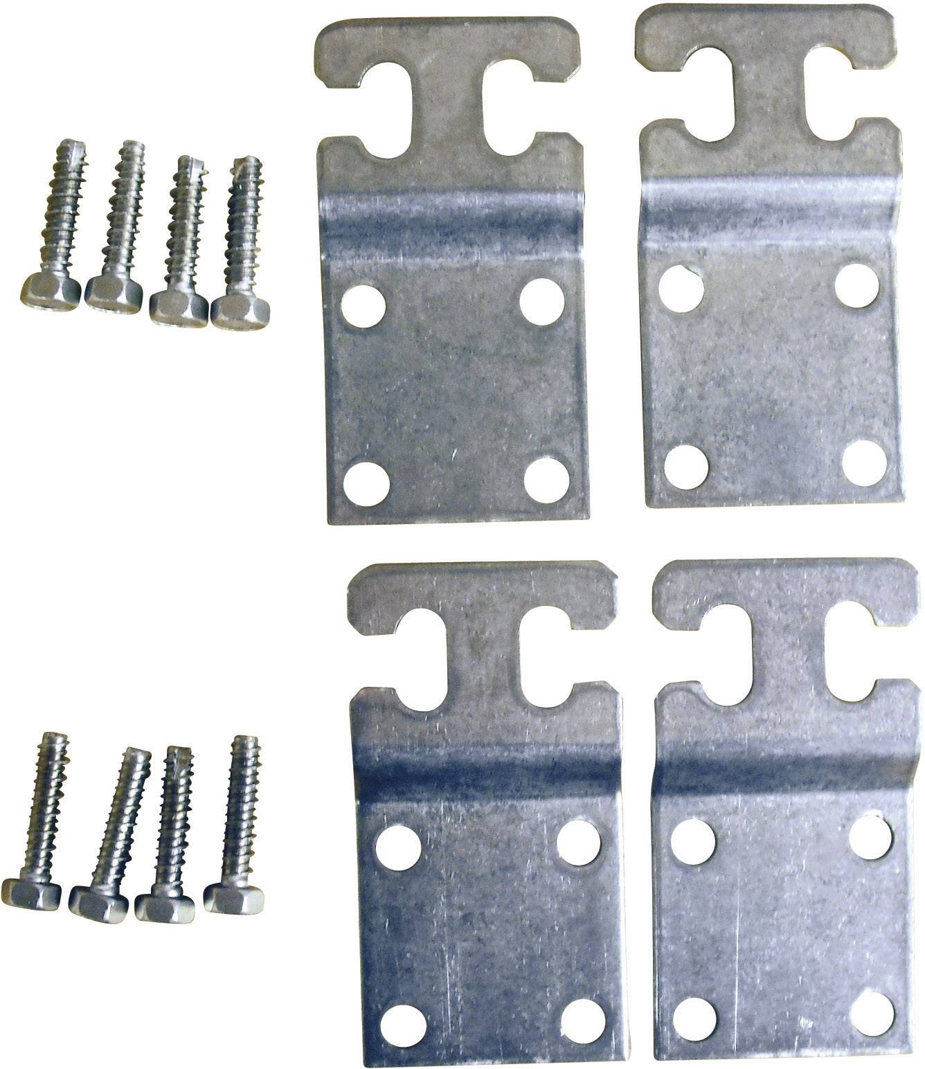 Équerres métalliques avec vis, quatre équerres et huit vis, adaptées à la fixation ou au montage d'objets.